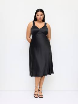 Cider - Satin Women's Lace Trim Sweetheart Midi Nightdress Black