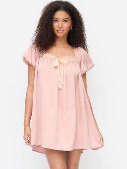 Cider - Satin Square Neck Women's Puff Sleeve Bow Babydoll Peach Pink