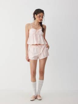 Cider - Cotton Blend Women Striped Bowknot Cami Pajama Set Pink