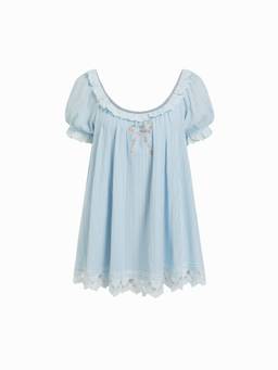 Cider - Cotton Blend Women's Lace Trim Puff Sleeve Babydoll Blue