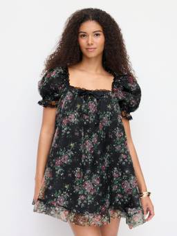Cider - Organza Floral Women's Puff Sleeve Square Neck Babydoll Black