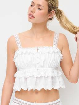 Cider - Cotton Women's Lace Panel Button Ruffle Cami Top White