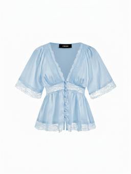 Cider - Satin Women's Lace Panel V-Neck Ruffled Sleeve Camis / Tops Blue