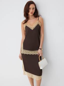 Cider - Satin Lace Panel Women's Sleeveless Sleepwear Set Coffee