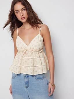 Cider - Floral Sweetheart Women's Lace Trim Shirred Peplum Cami Top Beige