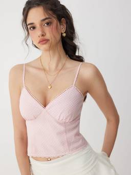 Cider - Gingham Sweetheart Women's Lace Trim Shirred Cami / Tops Pink