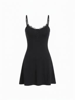 Cider - High Stretch Women Lace Trim Scoop Neck Babydoll Black