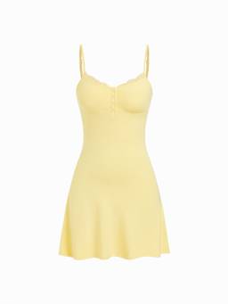 Cider - High Stretch Women Lace Trim Scoop Neck Babydoll Light Yellow