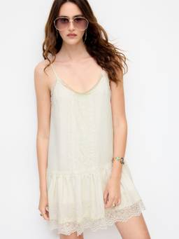 Cider - Chiffon Women's Lace Panel Ruffle Hem Nightdress Beige
