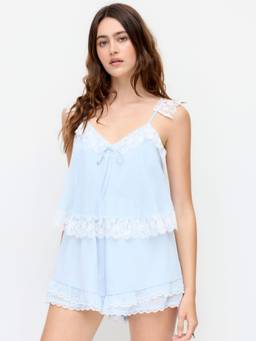 Cider - Chiffon Women's Lace Trim V-Neck Babydoll Light Blue