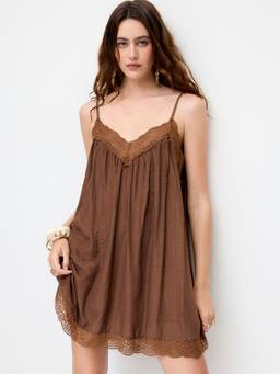 Cider - Lace Trim Women V-Neck A-Line Nightdress Coffee