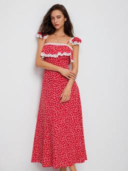 Cider - Floral Square Neck Lace Trim Ruffle Babydoll Red