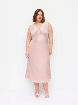 Cider - Satin Women's Lace Panel V-Neck Knotted Maxi Slip Dress Pink
