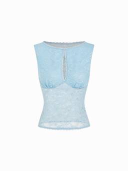 Cider - Sheer Lace Women Boat Neck Bodysuit Baby Blue