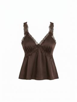 Cider - Satin Lace Trim Women's V-Neck Camis / Tops Brown