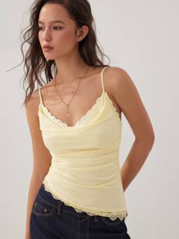 Cider - Lace Panel Women's Ruched Asymmetrical Hem Cami Top Yellow