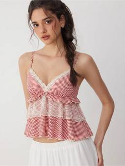 Cider - Gingham Women's Lace Panel Ruffle Sweetheart Cami Top Red