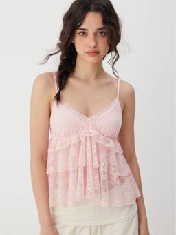 Cider - Lace Sweetheart Women's Ruffle Lace Cami Top Pink