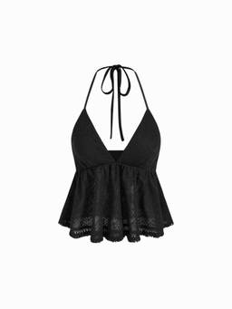 Cider - Pointelle Women's V-Neck Halter Ruffle Hem Cami Top Black