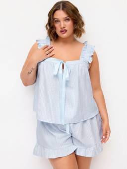 Cider - Textured Ruffled Women's Bow Tie Pajama Set Light Blue