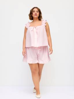 Cider - Textured Ruffle Strap Bow Top & Mid Waist Shorts Set Pink