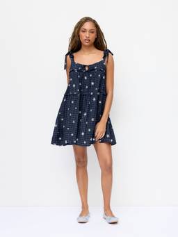 Cider - Gingham Floral Women's Tie-Up Strap Ruffled Babydoll Blue