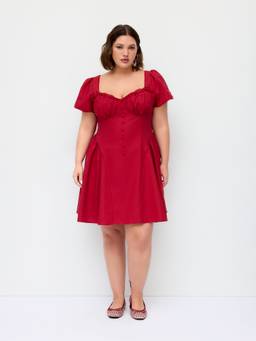 Cider - Linen-Blend Women Ruched Puff Sleeve Babydoll Red