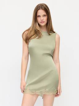 Cider - Satin Women's Sleeveless Scallop Lace Mini Nightdress Pale Green
