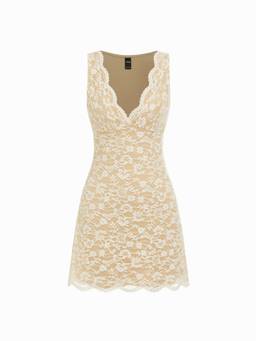 Cider - Flocking Lace Women’s V-Neck A-Line Nightdress Beige