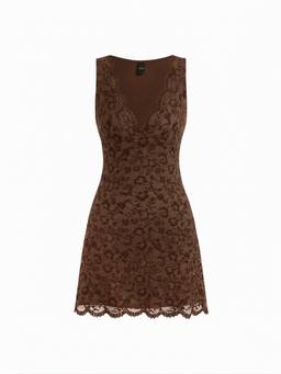Cider - Flocking Lace Women V-Neck A-Line Mini Nightdress Coffee