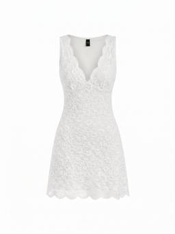 Cider - Flocking Lace Women's V-Neck A-Line Mini Nightdress White