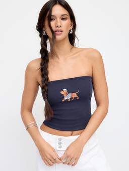 Cider - Cotton-Blend Women's Dog Graphic Bandeau Bikini Top Dark Navy