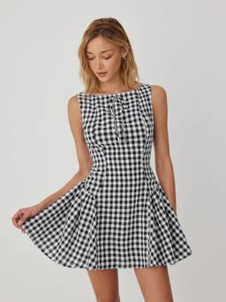 Cider - Cotton Blend Women's Gingham Bowknot Boat Neck Babydoll Black