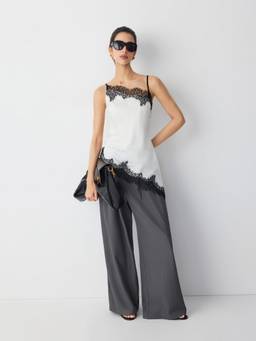 Cider - Asymmetrical Lace Trim Women's Satin Cami / Tops Cream