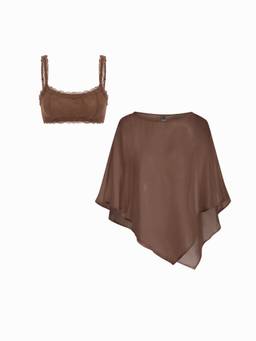 Cider - Sheer Lace Women’s Asymmetrical Poncho Sleepwear Set Brown