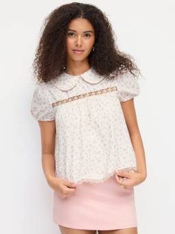 Cider - Cotton Blend Women Floral Peter Pan Collar Babydoll Cream