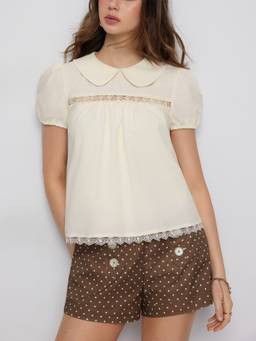 Cider - Cotton Blend Women Lace Insert Peter Pan Collar Babydoll White