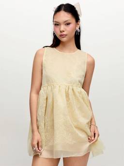 Cider - Jacquard Lace Women's Ruched Oversized Babydoll Light Yellow