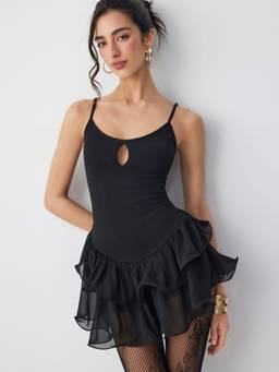Cider - Chiffon Cut-Out Women's Peplum Hem Mini Nightdress Black