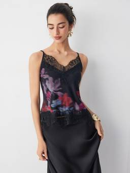 Cider - Mesh Floral Women's Lace Panel V-Neck Cami / Tops Black