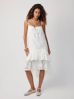 Cider - Chiffon Jacquard Women Floral Square Neck Tie-Up Babydoll White