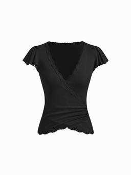 Cider - V-Neck Women's Lace Trim Ruched Camis / Tops Black