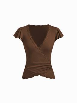Cider - Lace Trim Women Ruched Drawstring V-Neck Camis / Tops Brown