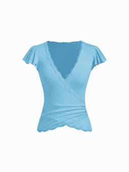 Cider - Lace Trim Women's Ruched Drawstring V-Neck Camis / Tops Teal