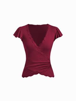 Cider - Ruffle Sleeve Women Lace Trim Ruched Camis / Tops Wine