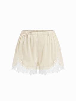 Cider - Satin Women's Mid-Rise Elastic Waist Lace Trim Shorts Champagne
