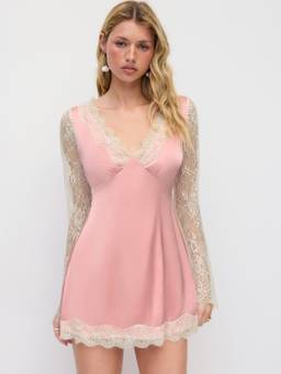 Cider - Satin Lace Trim Women V-Neck Full Sleeve Nightdress Pink
