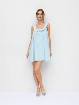 Cider - Cotton Blend Women Bowknot Scoop Neck Oversized Babydoll Blue