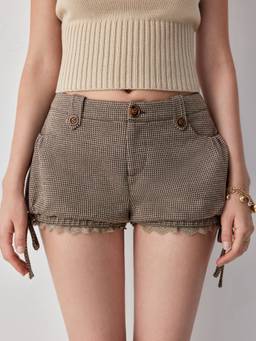 Cider - Jacquard Women's Low Waist Lace Trim Houndstooth Shorts Brown