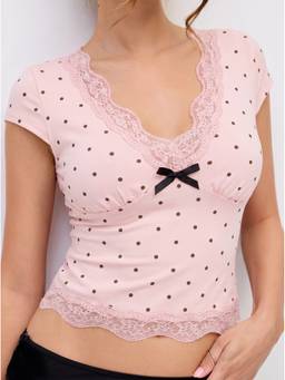 Cider - Cotton Blend Women's Lace Trim Polka Dot V-Neck Cami / Top Pink